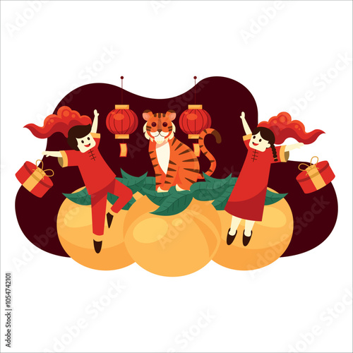 Two children, tiger, lanterns, gifts, oranges, red Chinese new year background.