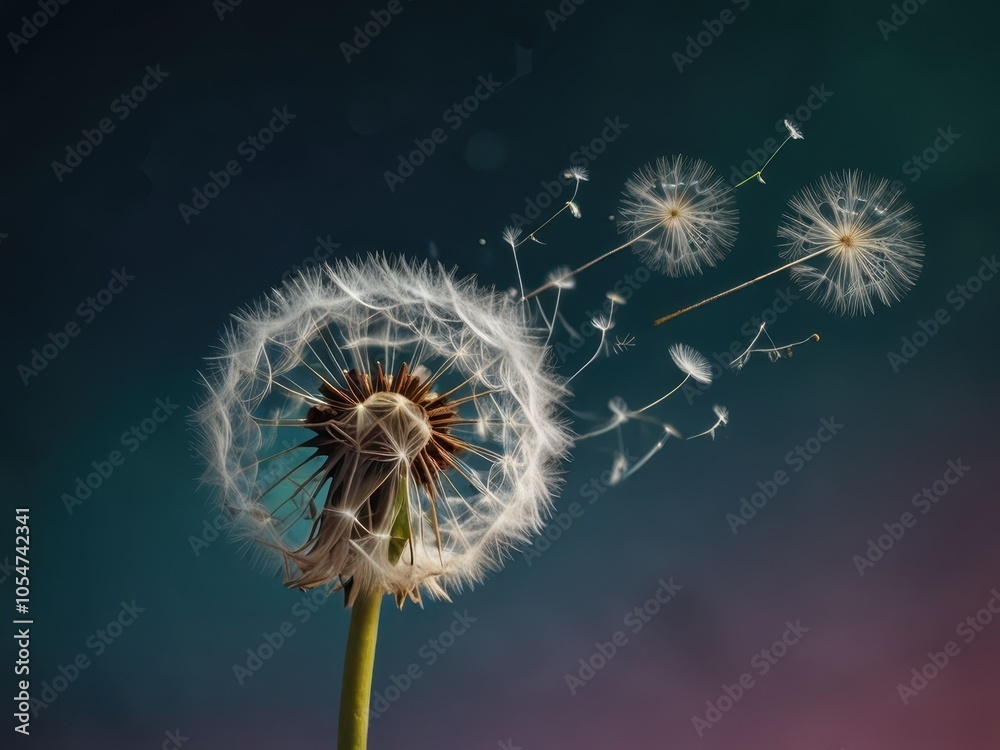 Fototapeta premium Dandelion Seeds Dispersing into the Wind