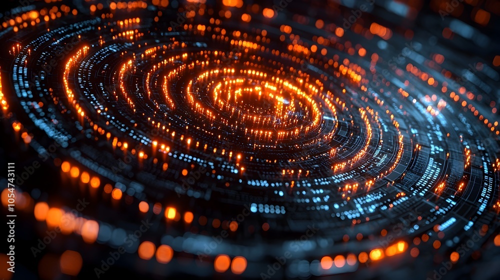Glowing 3D rendered tech circle with layered digital elements representing big data processing and technological innovation on a dark backdrop Glowing 3D rendered tech circle with layered digital elements representing big data processing and technological innovation on a dark backdrop