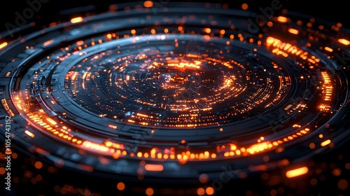 Captivating 3D rendered technology circle with glowing digital elements layered on a dark backdrop