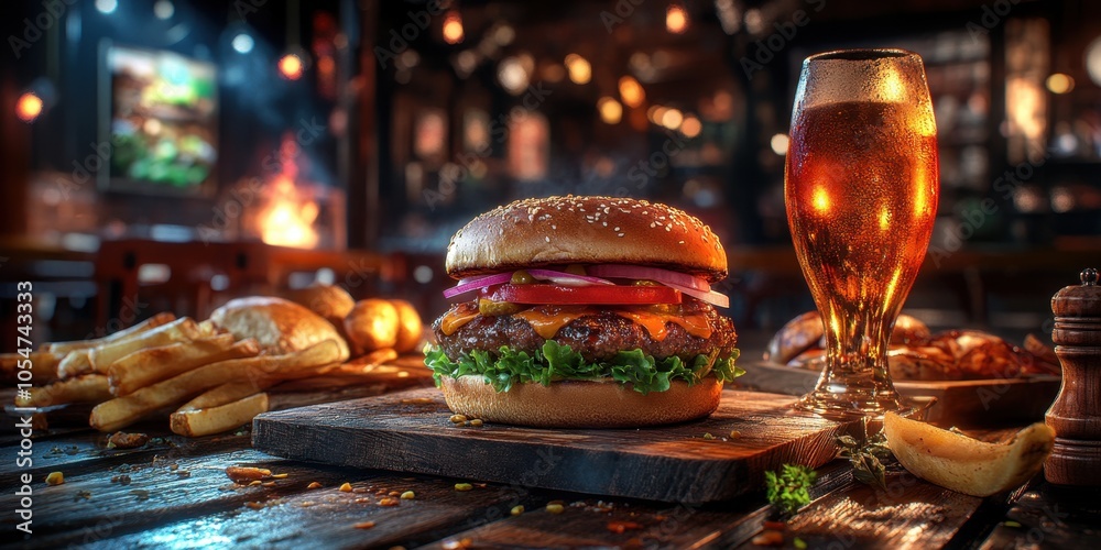 a hamburger and a glass of beer on a table a hamburger and a glass of beer on a table