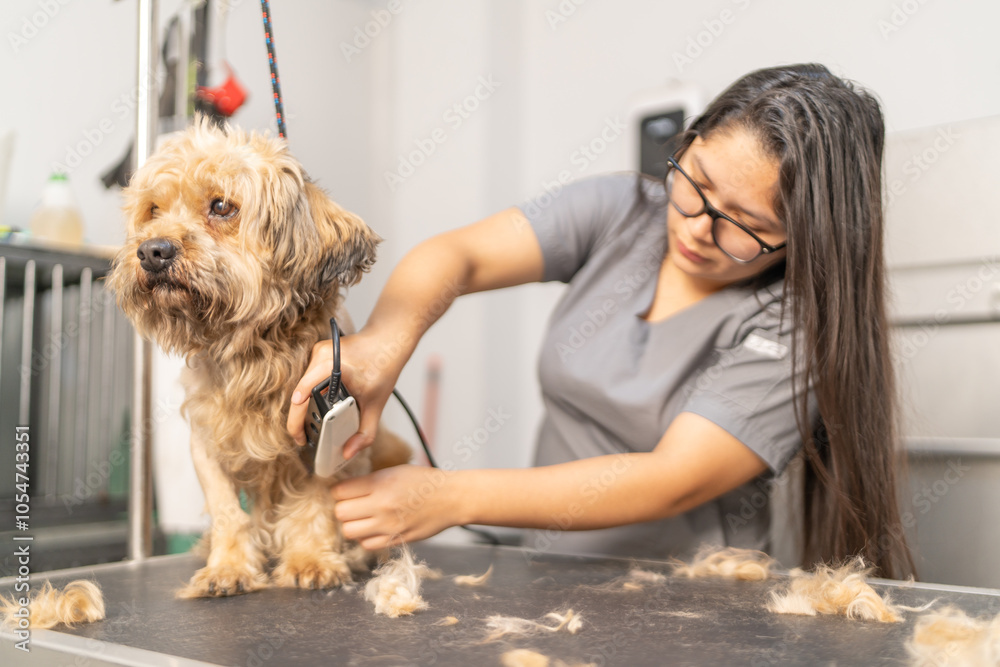 Veterinarian grooming dog at veterinary clinic Veterinarian grooming dog at veterinary clinic