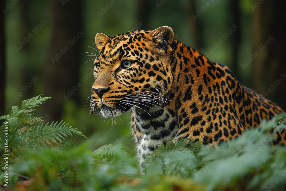 Obraz premium A leopard is standing in the forest, looking at the camera. Concept of curiosity and strength, as the leopard is a powerful and majestic animal. The lush green forest provides a natural