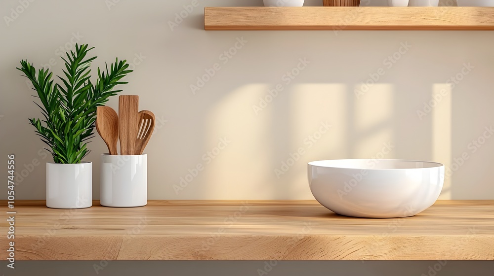 Bright and Airy Kitchen Interior with Polished Sink Organized Kitchenware on Shelves and a Clean Minimalist Design Perfect for Photo Collections Bright and Airy Kitchen Interior with Polished Sink Organized Kitchenware on Shelves and a Clean Minimalist Design Perfect for Photo Collections