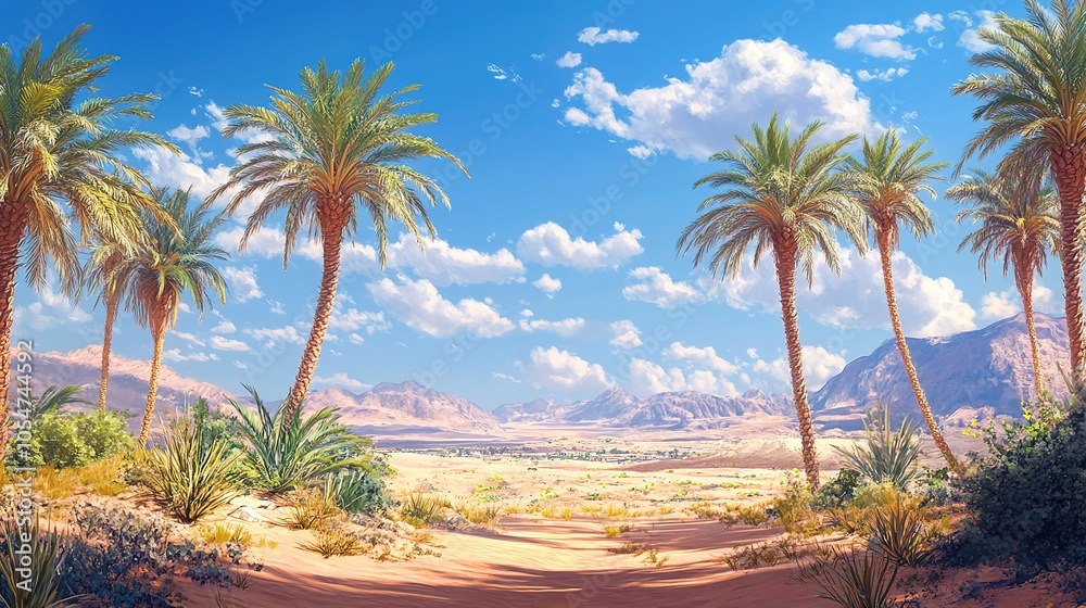 Scenic landscape with dates palms on a sunny day. Scenic landscape with dates palms on a sunny day.