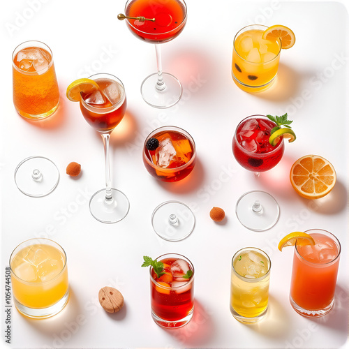 Various cocktails, drinks and shots over white background