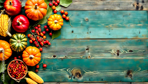 Wallpaper Mural an assortment of autumnal produce arranged on the left side against a rustic, emphasizing the rich colors and textures of the fruits and vegetables. Torontodigital.ca