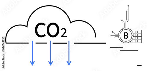 CO2 cloud with arrows pointing downward alongside a Bitcoin symbol demonstrates the environmental impact of cryptocurrency mining. Ideal for environmental awareness, cryptocurrency impacts
