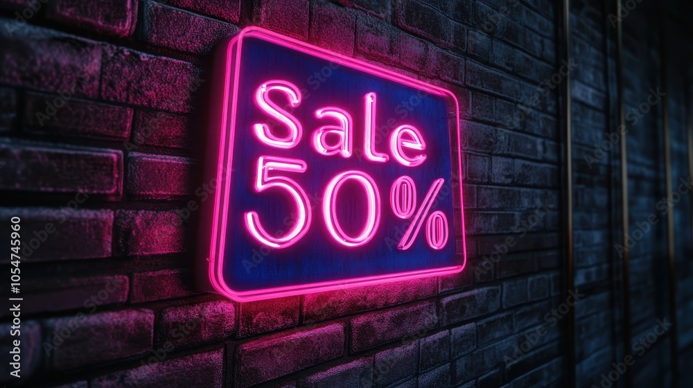 Neon Sale Sign with 50% Discount on Brick Wall Neon Sale Sign with 50% Discount on Brick Wall
