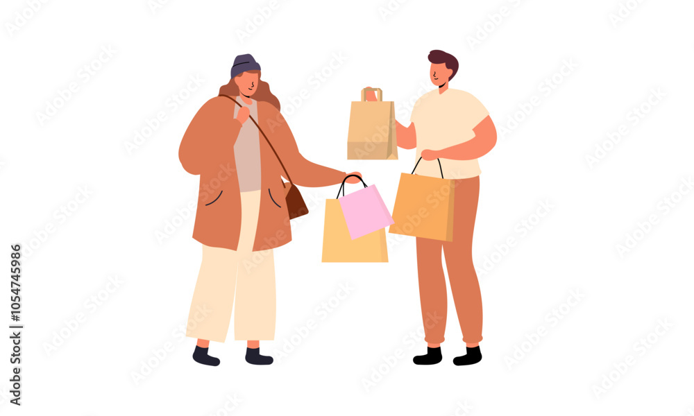 Couple of young man and woman with shopping bags illustration Couple of young man and woman with shopping bags illustration