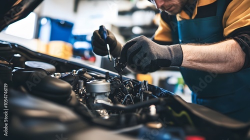 Auto mechanic working on a car in his garage. 