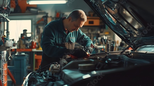 Auto mechanic working on a car in his garage. 