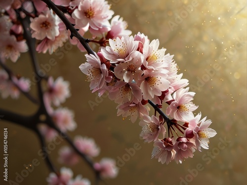 Delicate Branch of Sakura Blossoms Against a Soft Brown Background