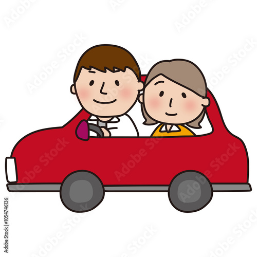 赤い車でドライブする夫婦（横）