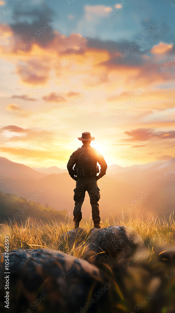 Fototapeta premium A soldier's reflection embracing courage and sacrifice against a breathtaking sunset