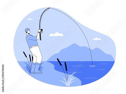 Male fishing on the beach. Fishing illustration. Flat vector illustration.