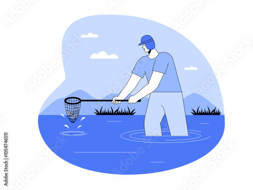 Fisherman netting fish. Fishing illustration. Flat vector illustration.