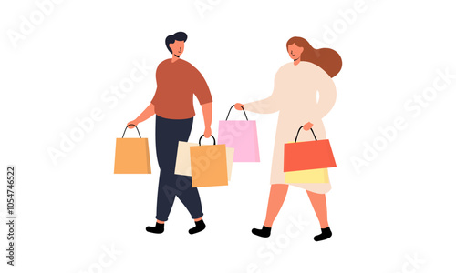 Couple of young man and woman with shopping bags illustration