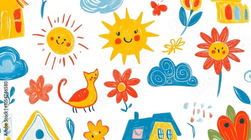 Cheerful doodle-style children's art with simple crayon drawings of suns, clouds, cats, houses, and flowers in bright colors on a white background, capturing playful innocence and creativity.