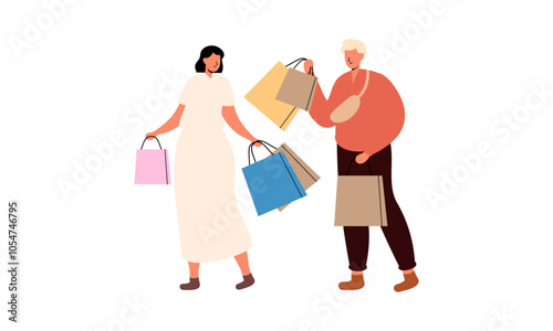 Couple of young man and woman with shopping bags illustration