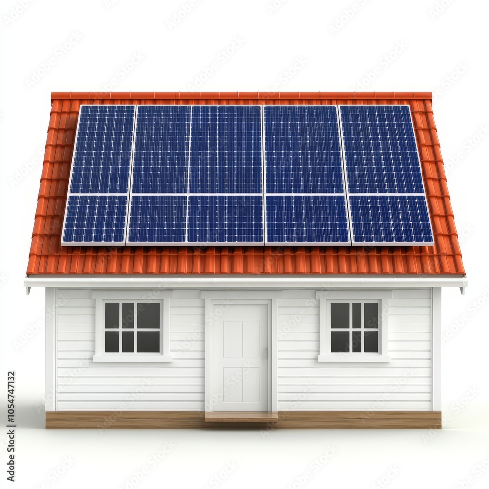 A small house with solar panels on the roof, promoting renewable energy.