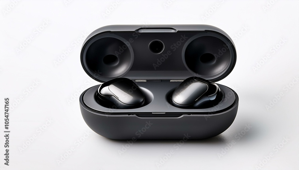 Black wireless earbuds in case Black wireless earbuds in case