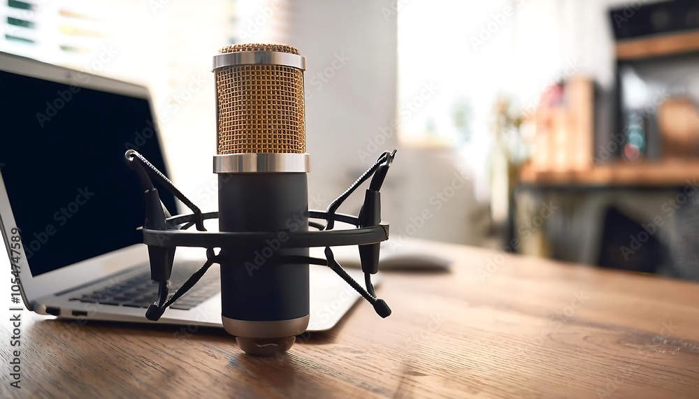 Close-up microphone on the table in podcasting record.