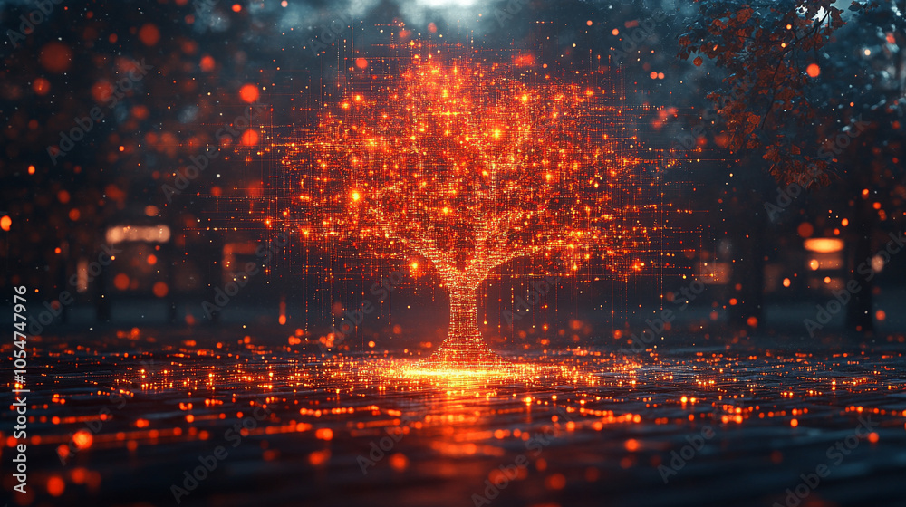 Fototapeta premium growing tree symbolizes strength and resilience, intertwined with complex data and electrical signals, representing the fusion of nature and technology, highlighting growth, connection, and innovation
