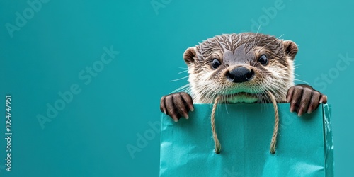 Curious Otter Poking Head Out of Shopping Bag on Aqua Background