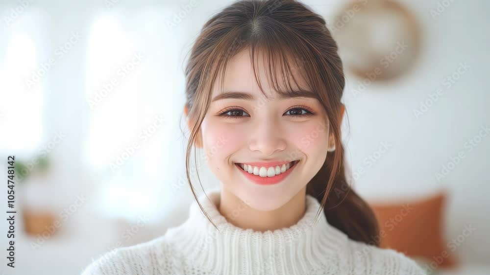 Woman selfie is smiling in sweater in living room. Woman selfie is smiling in sweater in living room.