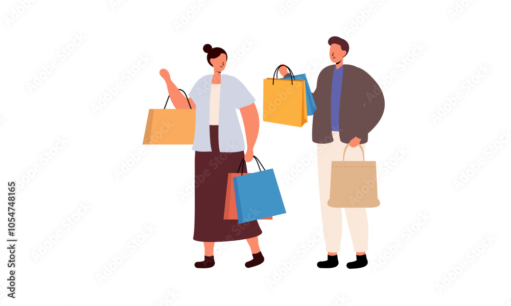 Obraz premium Couple of young man and woman with shopping bags illustration