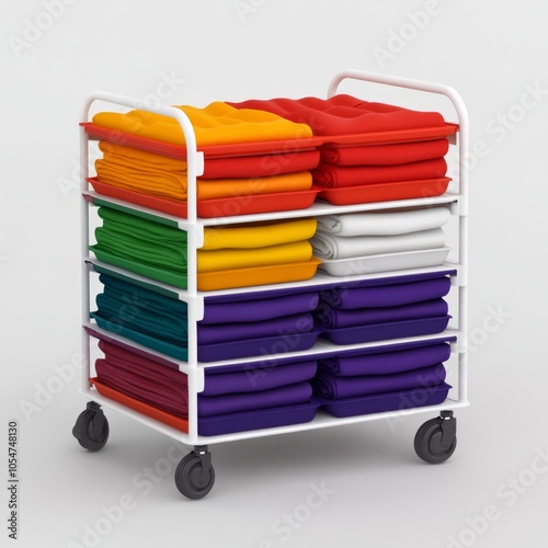 A multi-tiered cart filled with neatly folded colorful towels.