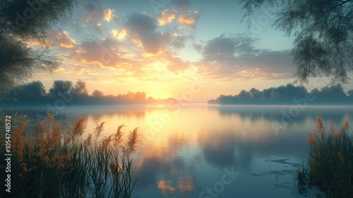 Serene sunset over a tranquil lake with lush vegetation.