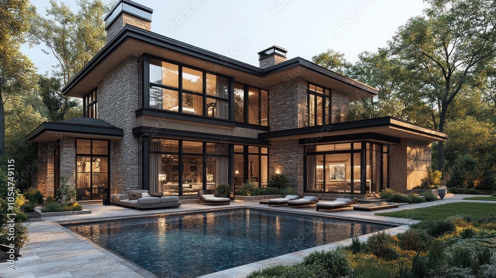 Modern house with a pool surrounded by greenery and outdoor seating. Modern house with a pool surrounded by greenery and outdoor seating.