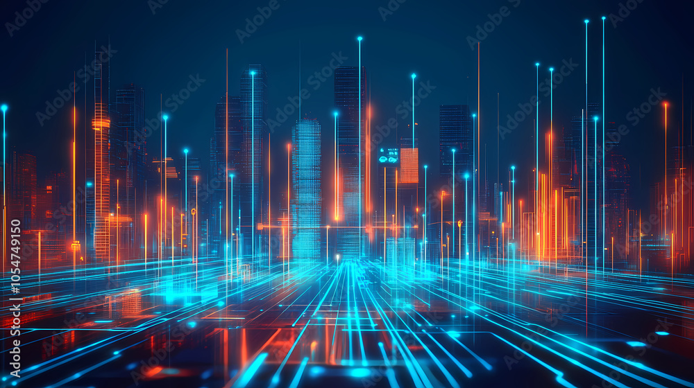Financial hub powered by artificial intelligence surrounded by blue fluorescent line technology. Artificial Intelligence Hub. Illustration