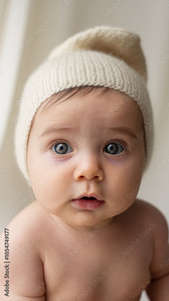 Newborn baby with neutral expression wearing a soft cream outfit Newborn baby with neutral expression wearing a soft cream outfit