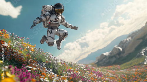 A Futuristic Astronaut Leaping Off a Cliff Into a Vibrant Field of Flowers, Captured in a Hyper-Detailed and Cinematic Style, Showcasing Intricate Details and Beautifully Color-Graded Lighting, Creati photo