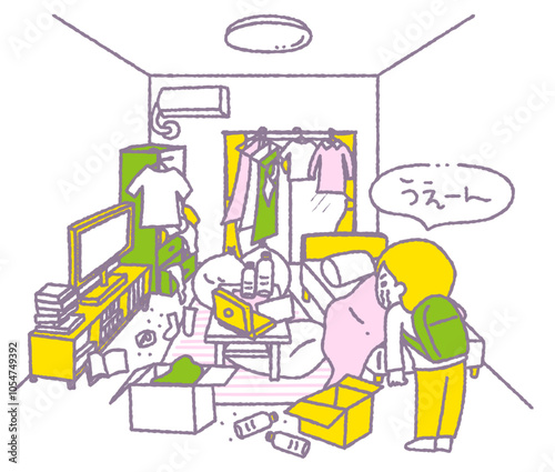 散らかった部屋と、それを見て嘆いている人（パステル）
