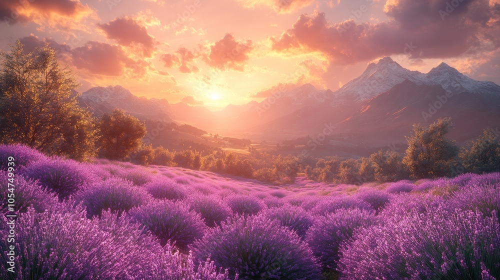 Naklejka premium Serene sunset over a lavender field with mountains in the background.
