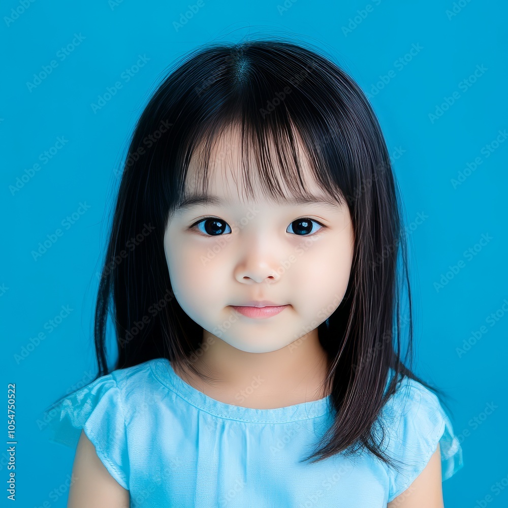 A young girl with long hair and a gentle expression against a blue background. A young girl with long hair and a gentle expression against a blue background.