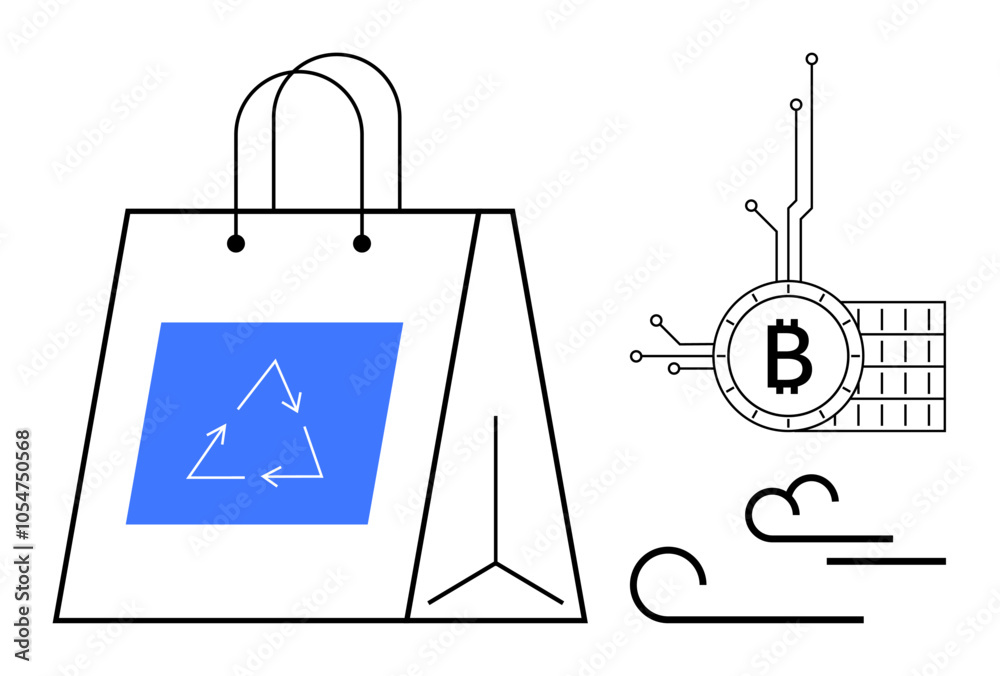 Shopping bag with recycling symbol along with bitcoin icon and abstract lines. Ideal for e-commerce, sustainability, digital currency, environmental awareness, and green shopping. Minimalist modern Shopping bag with recycling symbol along with bitcoin icon and abstract lines. Ideal for e-commerce, sustainability, digital currency, environmental awareness, and green shopping. Minimalist modern