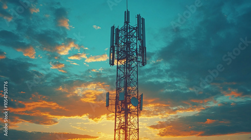 telecommunication towers rising against a clear blue sky, symbolizing connectivity and the rapid advancement of technology in our modern society photo