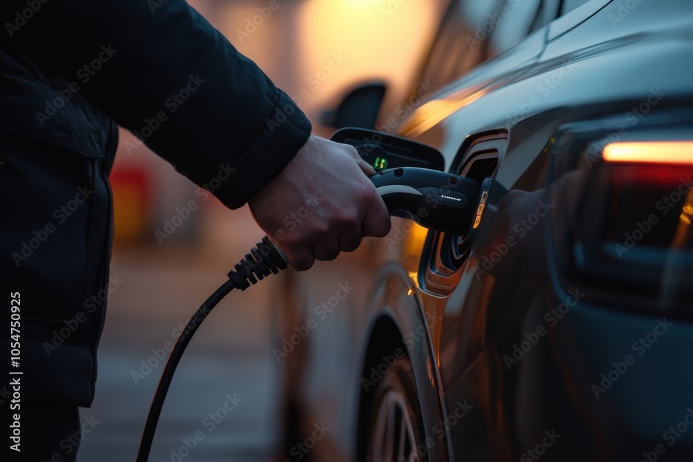 A man's hand connecting charging cable to electric vehicle highlighting A man's hand connecting charging cable to electric vehicle highlighting