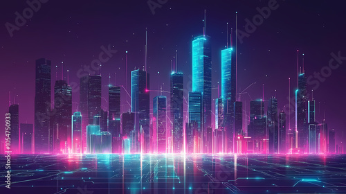 Futuristic smart city with vibrant connectivity networks. Artificial Intelligence Hub. Illustration