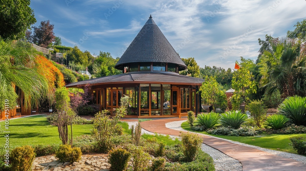 A picturesque round house with a conical roof surrounded by lush gardens and pathways. A picturesque round house with a conical roof surrounded by lush gardens and pathways.