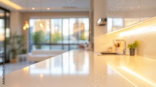 Modern kitchen interior in blur with white furniture