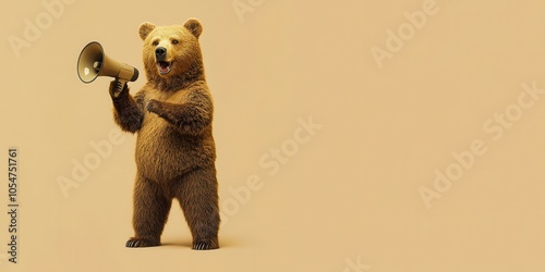 Bear with Megaphone - Wild Animal Communicating Message on Two Legs against Plain Background