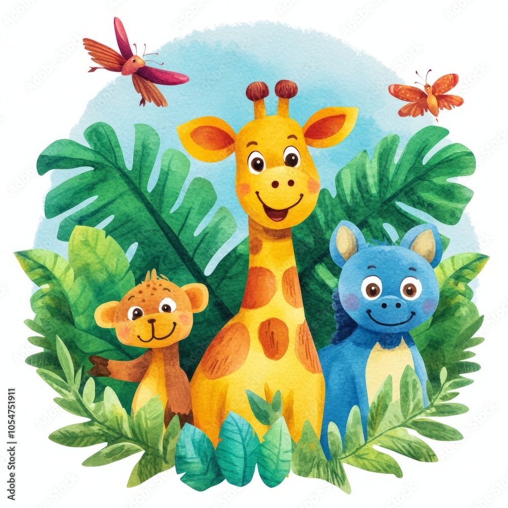 Naklejka premium A cheerful illustration of a giraffe, monkey, and blue animal among tropical plants.