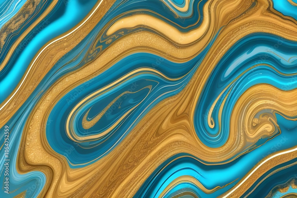 Glossy abstract background featuring flowing marble designs in dynamic blue and gold tones