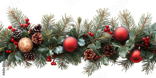 Christmas Branches Border with Festive Decorations on White Background